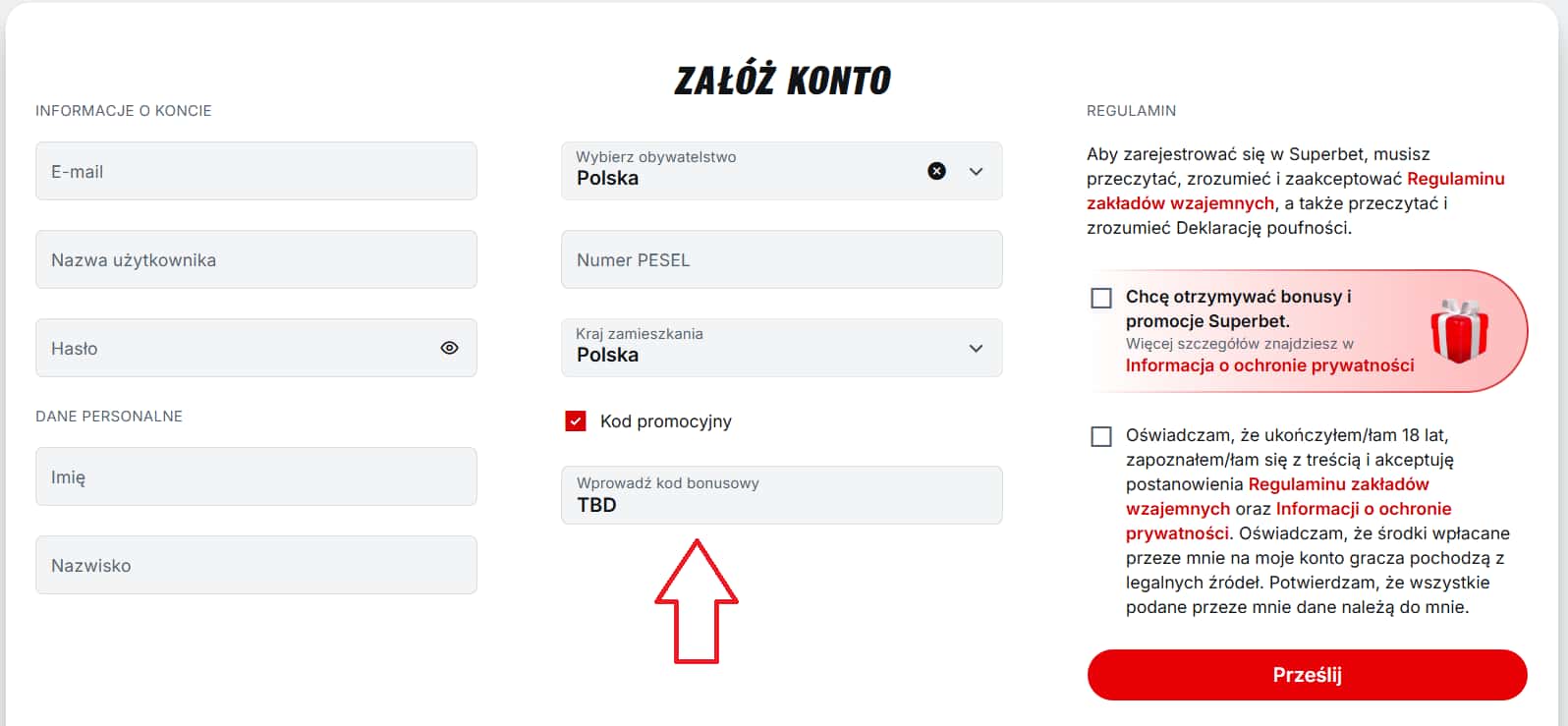 Gdzie wpisać kod promocyjny Superbet podczas rejestracji