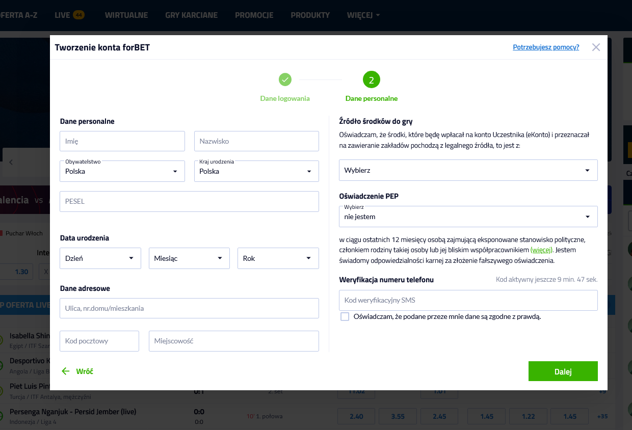 Uzupełnianie danych osobowych w formularzu rejestracyjnym Forbet

