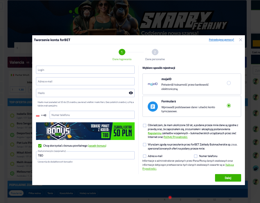 Dane do wypełnienia formularza rejestracyjnego w Forbet